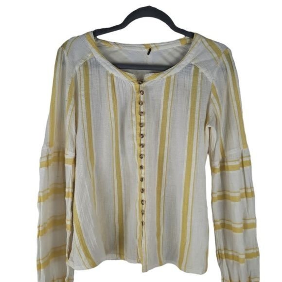 Free People Yellow Striped Button Up Peasant - Picture 2 of 12